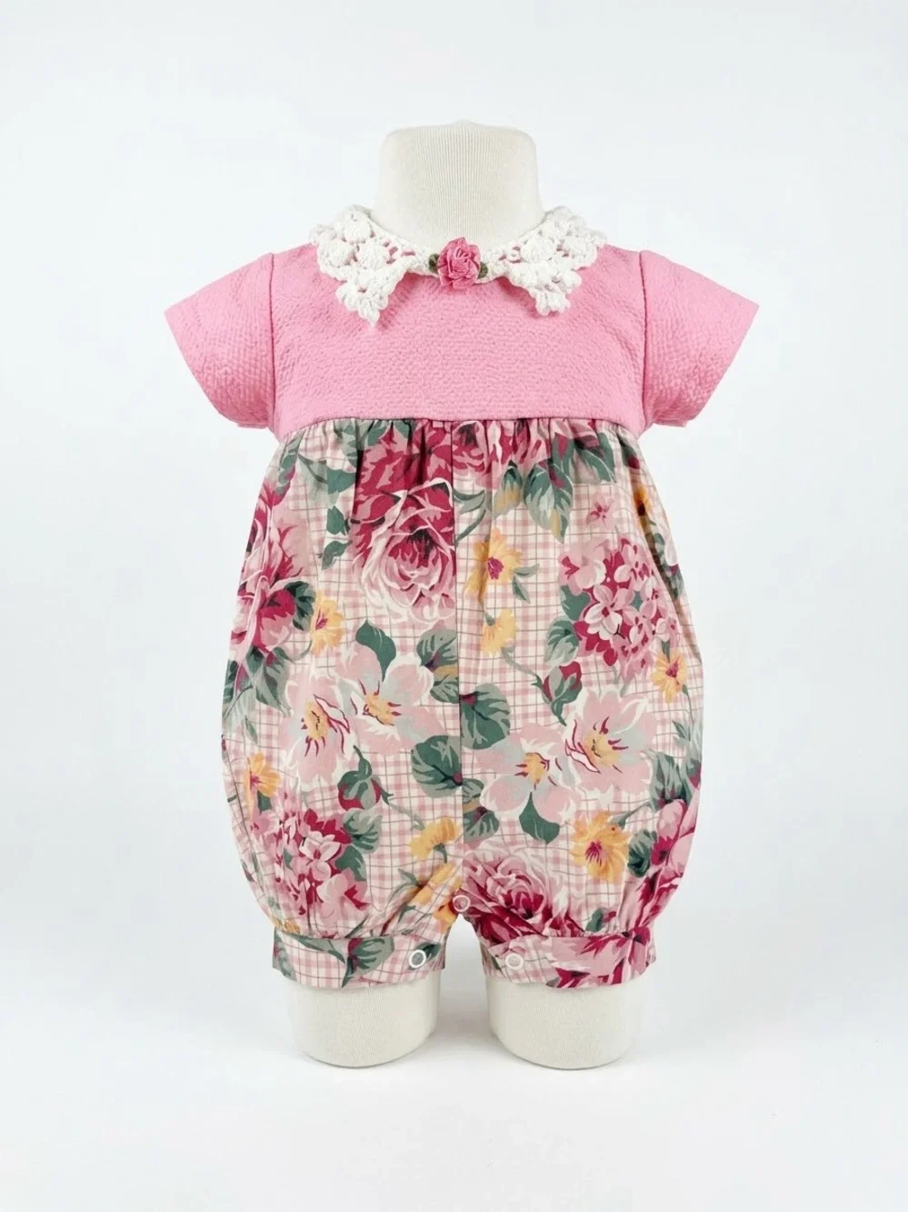 Baby Girls Pink Floral Romper with Crochet Collar